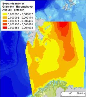 Alkekonge Figur D-10 Fordeling av alkekonge (Alle alle) i Barentshavet, i vår og sommer (april-juli), høst (augustoktober) og vintersesongen (november-mars), basert på modellerte data (Seapop, 2013).