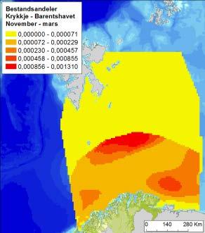 Havsule Figur D-13 Fordeling av havsule (Morus bassanus) i Barentshavet, i vår og sommer (april-juli), høst (august-oktober) og vintersesongen (november-mars), basert på modellerte data (Seapop,