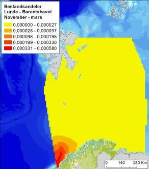 Lunde Figur D-16 Fordeling av lunde (Fratercula arctica) i Barentshavet, i vår og sommer (april-juli), høst (august-oktober) og vintersesongen (november-mars), basert på modellerte data (Seapop,