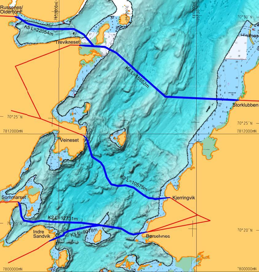 Juni 2010 Melding 420 kv-ledning Skaidi-Varangerbotn Figur 23: Kartet viser vurderte alternativer for kabling over Porsangerfjorden.