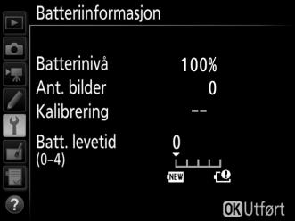 Batteriinformasjon G-knapp B oppsettsmeny Vis informasjon om batteriet som sitter i kameraet. Element Batterinivå Ant. bilder Kalibrering Batt.