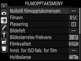 1 Filmopptaksmenyen: Filmopptaksalternativer For å vise filmopptaksmenyen, trykker du på G og velger fanen 1 (filmopptaksmeny).