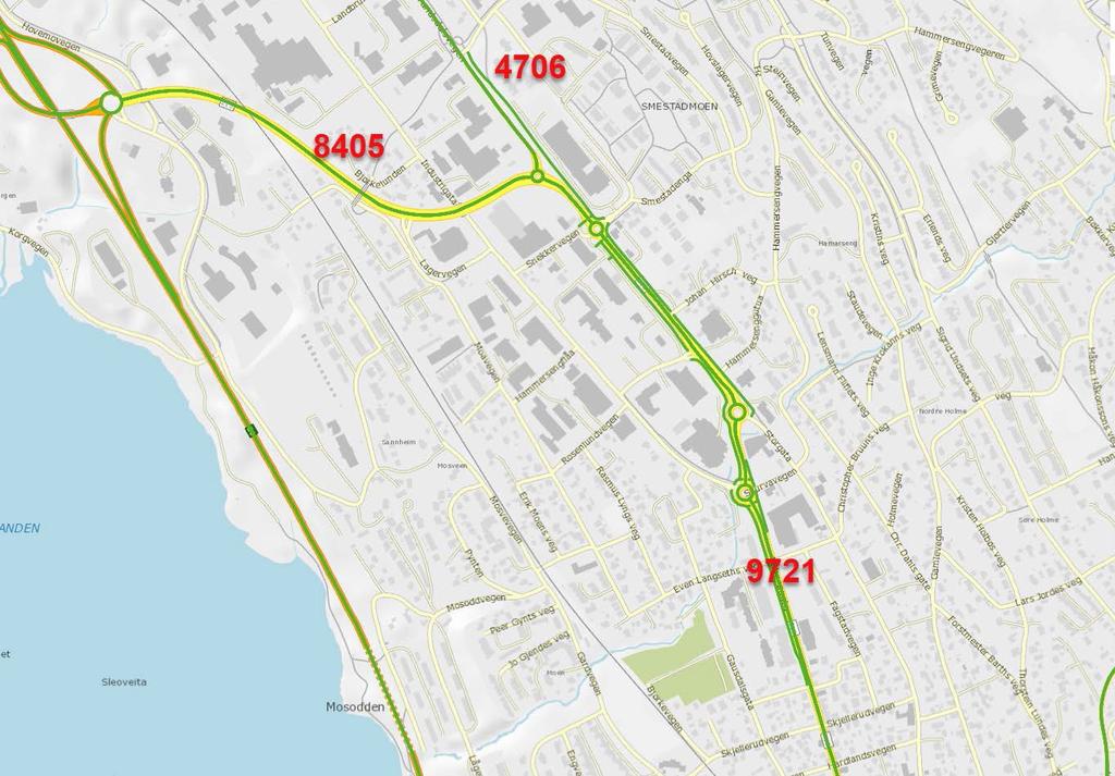 Det foreligger ikke her trafikkmålinger i Industrigata. Denne ble åpnet for gjennomkjøring våren 2017 og har bidratt til en fordeling av trafikken ut/inn av sentrum.