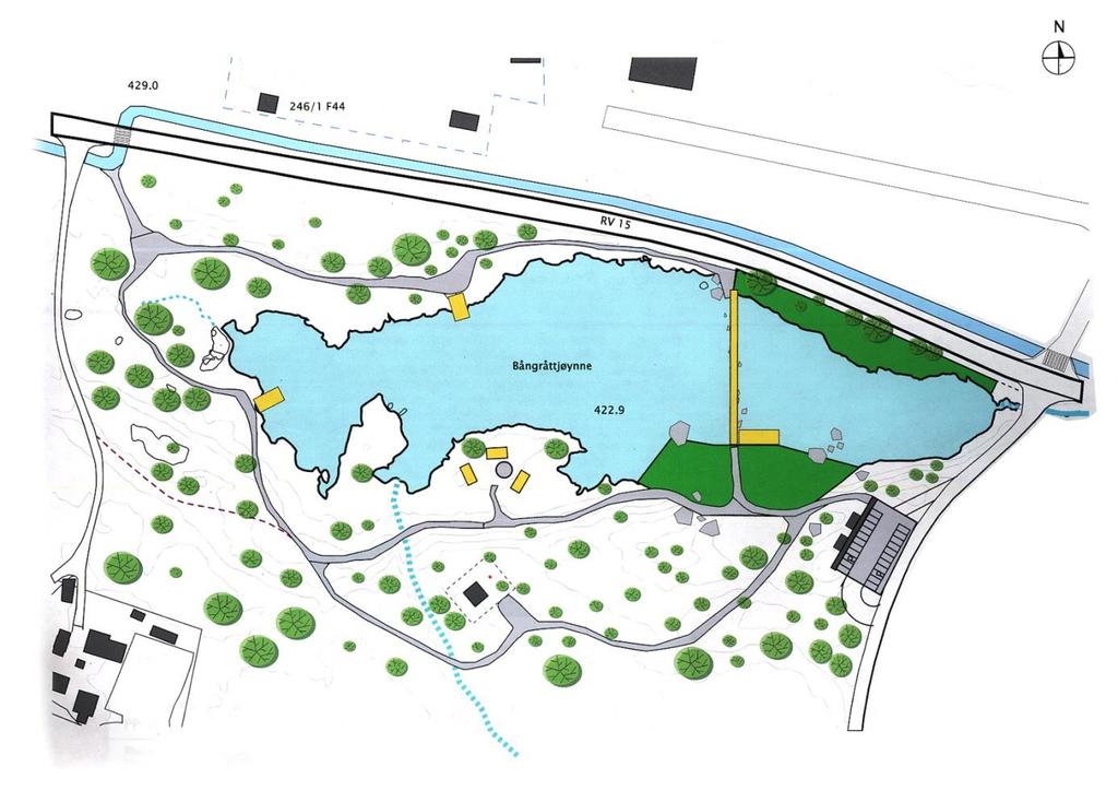 Planteikning over ferdig anlegg med turstig rundt Bångråttjønn: Ferdig anlegg Dag Øfsdahl - arkitekt Kommentar til planskissa: På denne er det teikna inn ein ekstra veg (nedst, lengst mot sør).