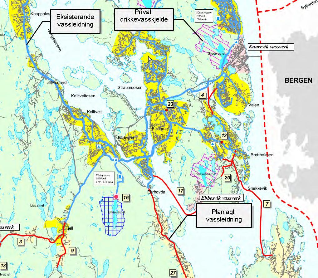 Figur 3.1.4: Offentleg drikkvassforsyning Fjell kommune. Utsnitt frå kommunedelplan for vassforsyning og avløp. Ein del einskilde husstandar og fritidsbustader får drikkevatn frå bora fjellbrønnar.