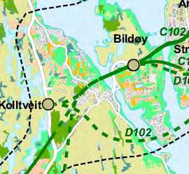Figur 3.6.1a: Grunnlag og registrering Kolltveit Figur 3.6.1b: Verdikart Kolltveit 3.6.2 Omfang og konsekvens Jord og skogbruk Alle alternativ med unntak av D 102 (tunnel mellom Kolltveitskiftet og Arefjord) kjem ut på ei bru over sundet mellom Kolltveit og Bildøyna.