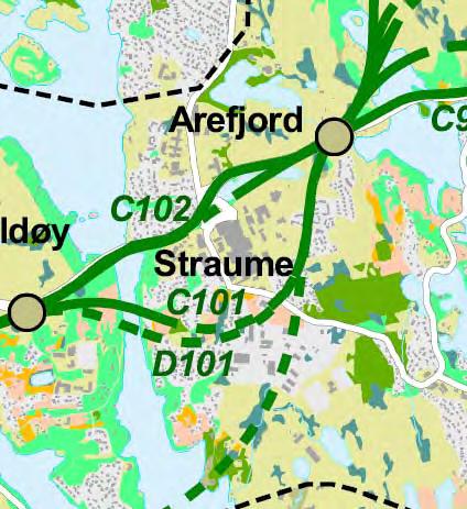 Figur 3.8.1a: Grunnlag og registrering Straume Figur 3.8.1b: Verdikart Straume 3.8.2 Omfang og konsekvens Jord og skogbruk Alternativ D 102 og D 101 (tunnel til Arefjord) går under heile området og kjem ut til felles kryss for alle alternativa i Arefjord.