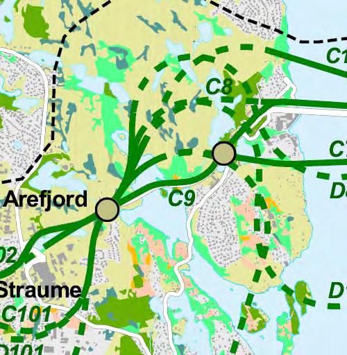 Figur 3.9.1a: Grunnlag og registrering Arefjord - Knarrvika Figur 3.9.1b: Verdikart Arefjord - Knarrvika 3.9.2 Omfang og konsekvens Jord og skogbruk Alle alternativa kjem ut frå det same krysset i Arefjord.