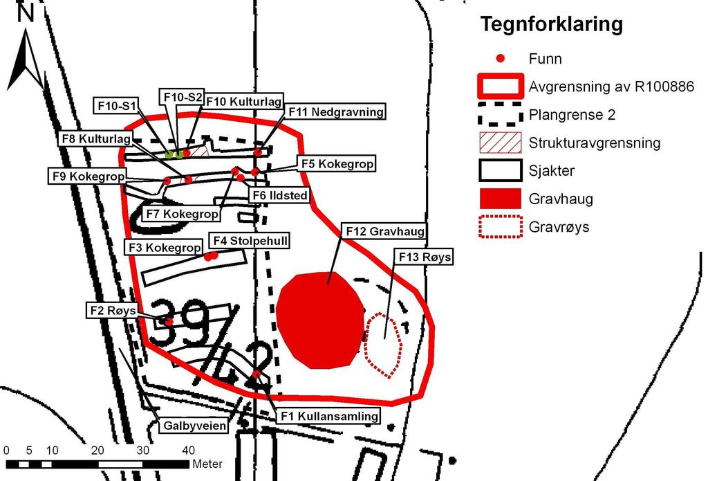 Kartutsnitt med planen og funn inntegnet: ØK-kart CN 038-5-4.