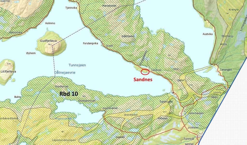 Kvesjøen. Blå strek viser grensen mellom distriktene. Hestkjølen driver kun sør for Fv 74 mellom Eidet og riksgrensen mot Sverige.