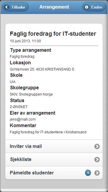 3. Detaljert arrangement Alle arrangementer i listen kan klikkes på for å komme videre til en detaljert side over arrangementet.