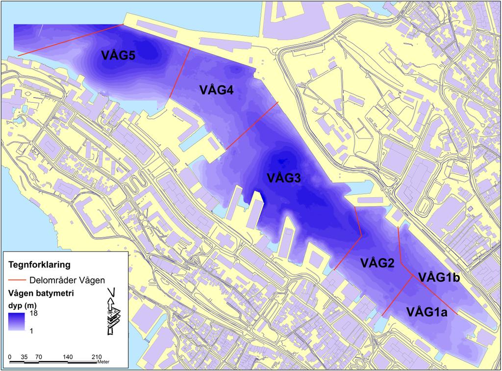 I miljørisikoanalysen (Vedlegg 8) er Vågen delt inn i delområder med hensyn til ulike egenskaper som dybdeforhold, sediment type, aktiviteter ved kai og kulturhistorisk interesse: Det er