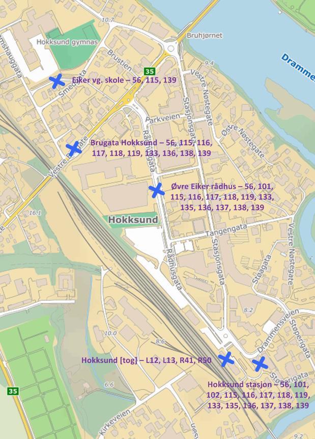 12 Figur 5: Oversikt over kollektivholdeplasser/-knutepunkt, med aktuelle buss- og toglinjer. 3.