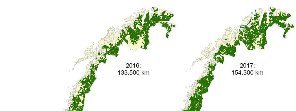 Figur 2. Geografisk fordeling av innsatsen ved yngleregistrering av jerv i Norge i 2016 og 2017.