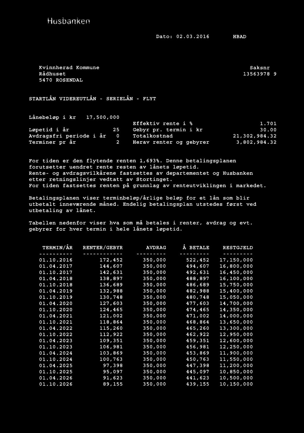 Husbanken Dato: 02.03.2016 HBAD Kvinnherad Kommune Saksnr Rådhuset 13563978 9 5470 ROSENDAL STARTLÅNVIDEREUTLÅN - SERIELÅN - FLYT Lånebeløp i kr 17,500,000 Effektiv rente i % 1.