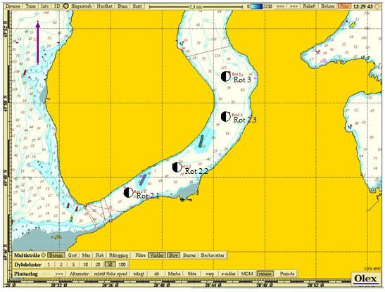Figur 2.1: Oversiktskart over Nordreisa og øyene utenfor, med Rotsundet og prøvestasjonene merket med rødt. Kartkilde: Olex.. Figur 2.