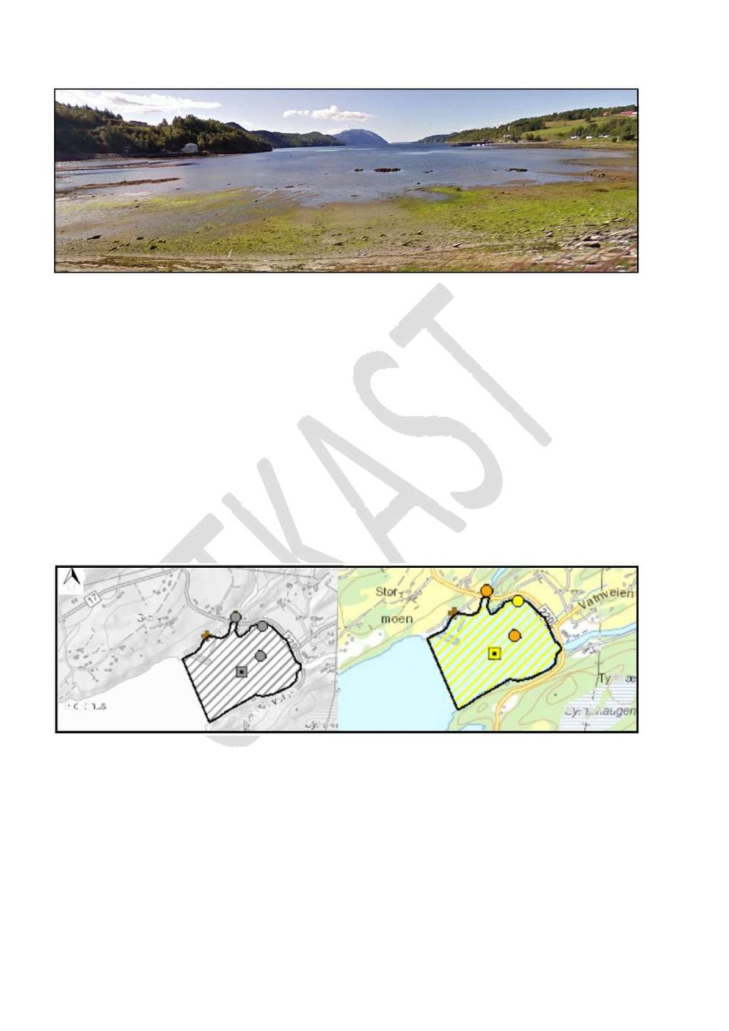 Fig. 16 Utsikt over Lei rfjæra Strandsonen er re gistrert som et leke - og rekreasjonsområde med verdi for friluftsliv, med variert avstand fra strandsonen og ut mot/i vann med ca. 176 meter.