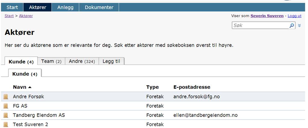 Registrering av nytt anlegg Klikk på Aktører i blå menylinje.