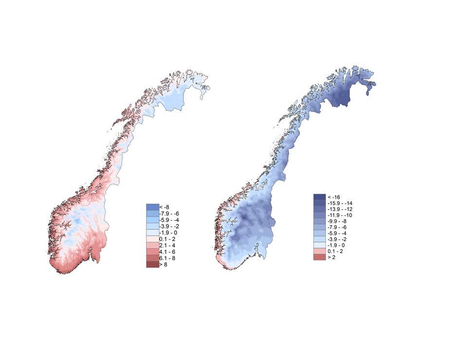 a) b) Figur 2: Årsmiddeltemperatur for perioden 1971 2000 er vist i a), mens b) viser middeltemperaturen for vintermånedene for samme periode. Temperaturer under 0 C er markert i blått.