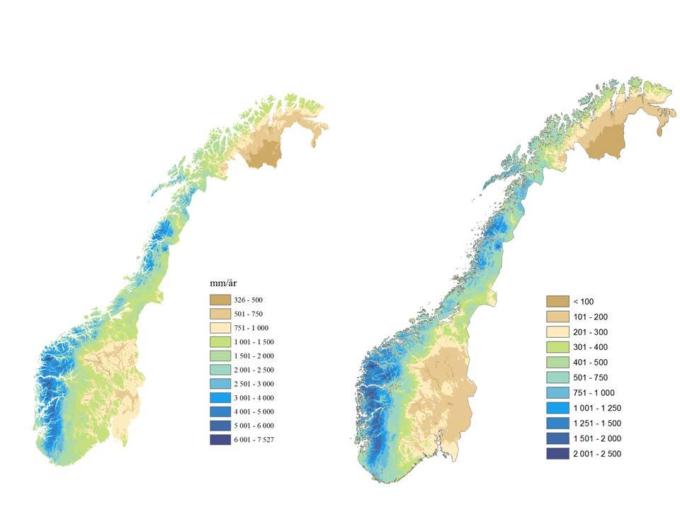 2.2 Utvikling i nedbør 2.2.1 Nedbørmengde Det er også for nedbør tatt utgangspunkt i referanseperioden 1971-2000, og den gjennomsnittlige årsnedbøren for denne perioden er vist i figuren 4 a) mens b)