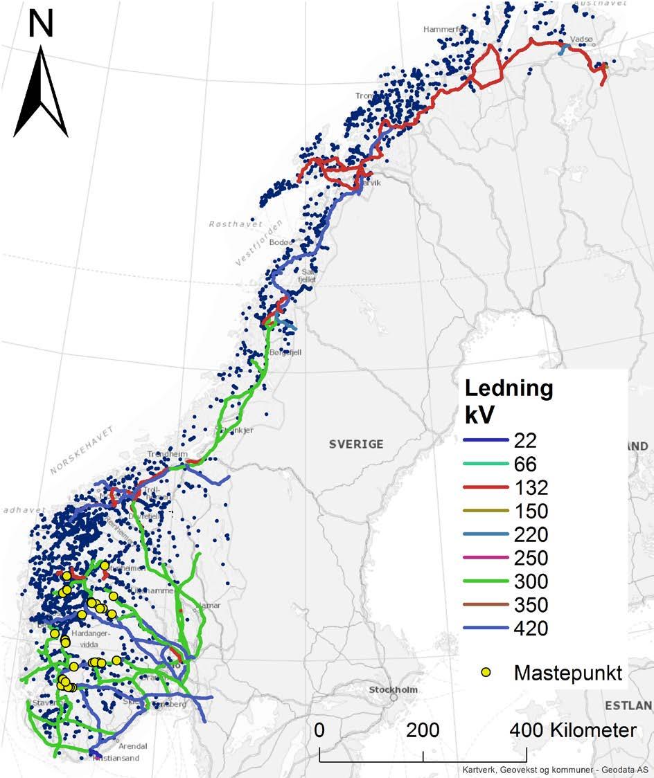 Figur 18: Kartet som viser alle Statnett linjer og snøskredhendelser fra den nasjonale skreddatabasen.