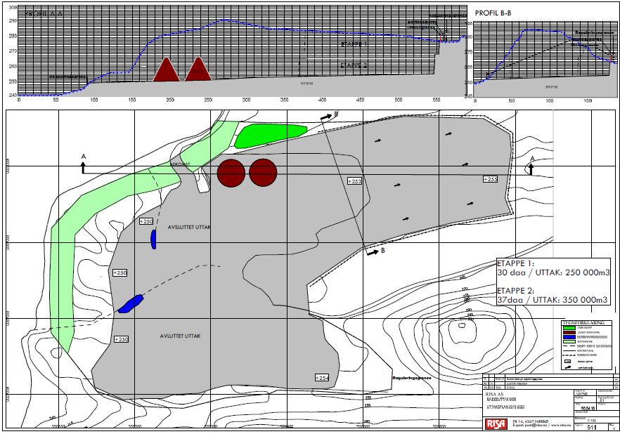 Tegn nr 911, rev B: Uttaksplan for bruddet. Generelt for alle etapper. Drifts retninger er angitt på tegninger og skal følges.