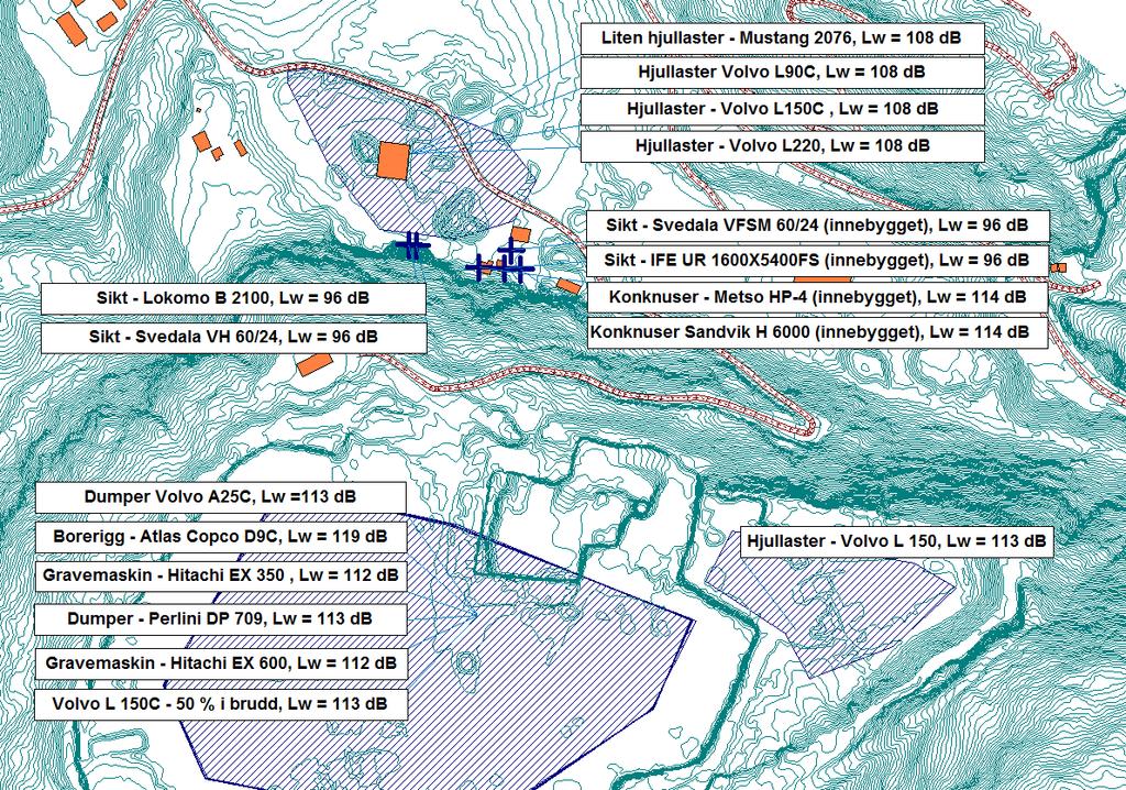 2) Grovknuser i tunnel er ikke tatt med i beregningene da det forutsettes at lydnivået fra dette anlegget er ubetydelig sammenliknet med summen av alle andre anlegg.