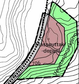 Det kan tas ut masser ned til kote 706 (som i dag). 4.7 Vannforsyning og avløp Som nevnt er det ikke tillatt med innlagt vann/utslipp fra hyttene som er godkjent i gjeldende plan.