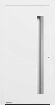 0,50 W/ (m² K)* Motiv 302 Innfelt håndtakslist som standard i hvit aluminium RAL 9006, sateng glans, fordypning for håndtak som standard i dørfargen, applikasjoner av rustfritt stål, motivglass Float