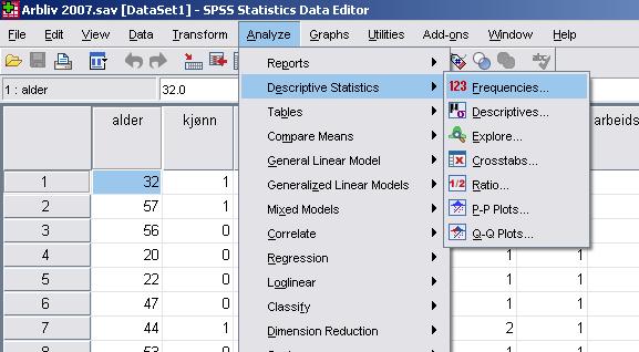 UNIVARIATE ANALYSER I SPSS Deskriptiv statistikk For å få fram univariate analyser