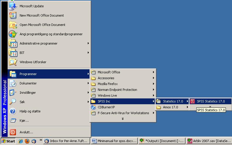 HVORDAN STARTE SPSS? Nedenfor skiller vi mellom hvordan vi vanligvis åpner SPSS og hvordan vi åpner SPSS på metodekurset.