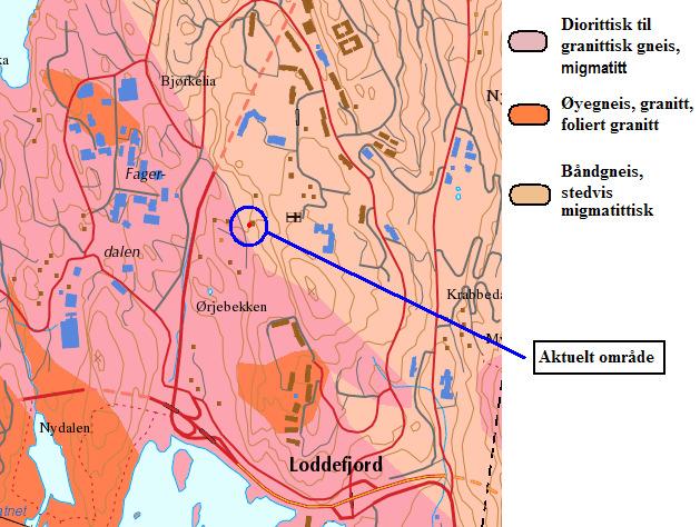 5 GRUNNFORHOLD Topografi Boligen er plassert ca på kote 84. Omtrent 1-4 meter fra boligen stiger terrenget tilnærmet vertikalt opp til ca kote 91.