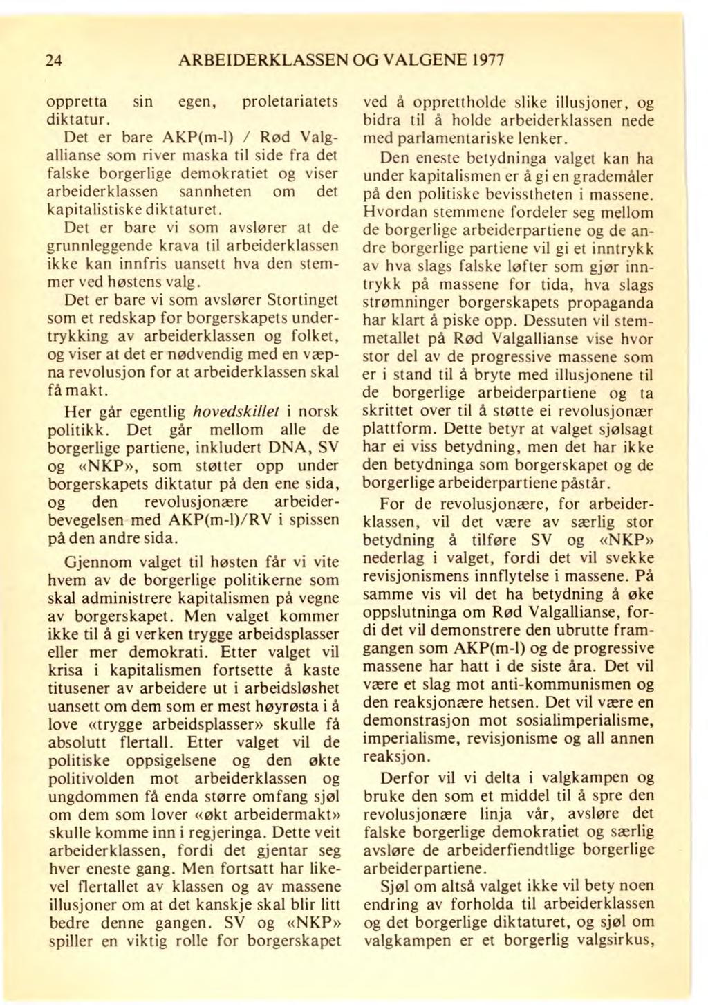 24 ARBEIDERKLASSEN OG VALGENE 1977 oppretta sin egen, proletariatets diktatur.