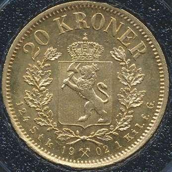 ............................. 3 500 20 kroner 1902 GULL (slabbet NGC MS 65) kv 0/01, pen mynt.