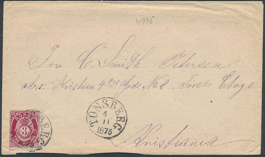 Brev frankeret med 3 SK posthorn sendt fra Grimstad 18-6-1873. Brev med fuldt indhold.......................................... 100 154 18.