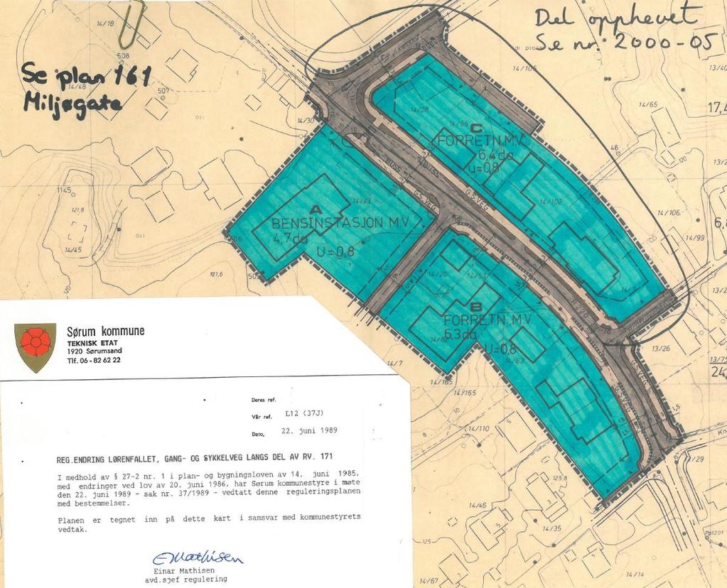 2.2.3 Reguleringsplan for Lørenfallet, gang- og sykkelveg langs del av Rv 171 i sentrum, vedtatt 22.06.1989 (plan-id 37J) Planområdet omfatter nordlige deler av Lørenfallet sentrum.
