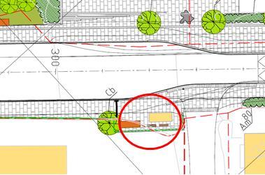 Illustrasjon som viser utforming av venteareal ved bussholdeplass, markert med rød sirkel 3.