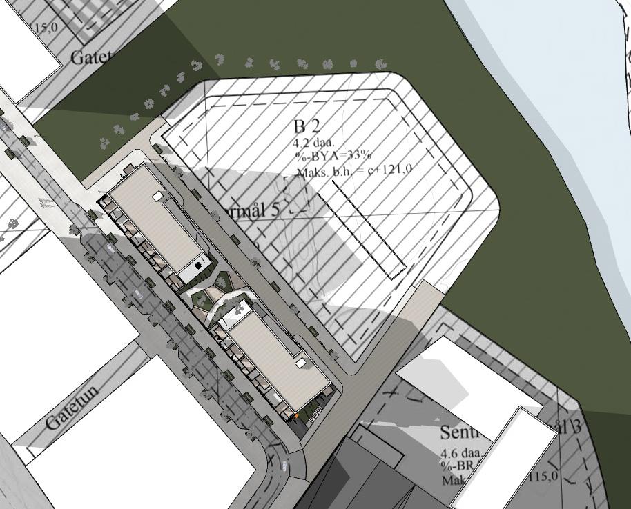 SOLSTUDIE MKS K+ ><5 Det er gjort solstudie på forskjellen på de skygger som kastes fra de to bygningsvolumner vist diagrammatisk under.