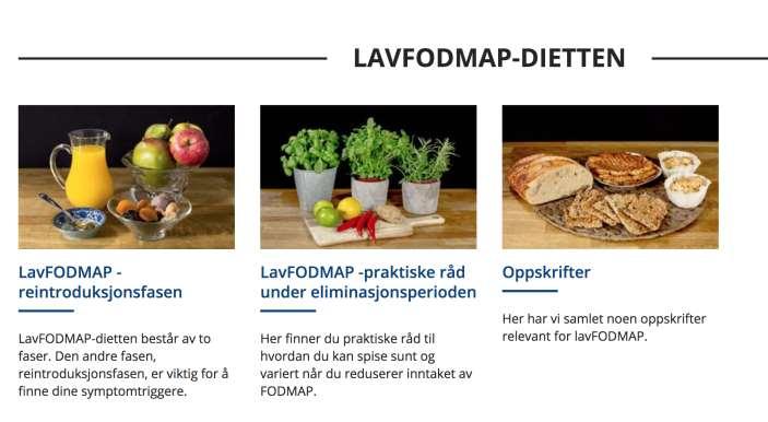 Materiale om FODMAP-redusert kost: Pasientbrosjyre og god info på nettsiden til Nasjonal kompetansetjeneste for funksjonelle