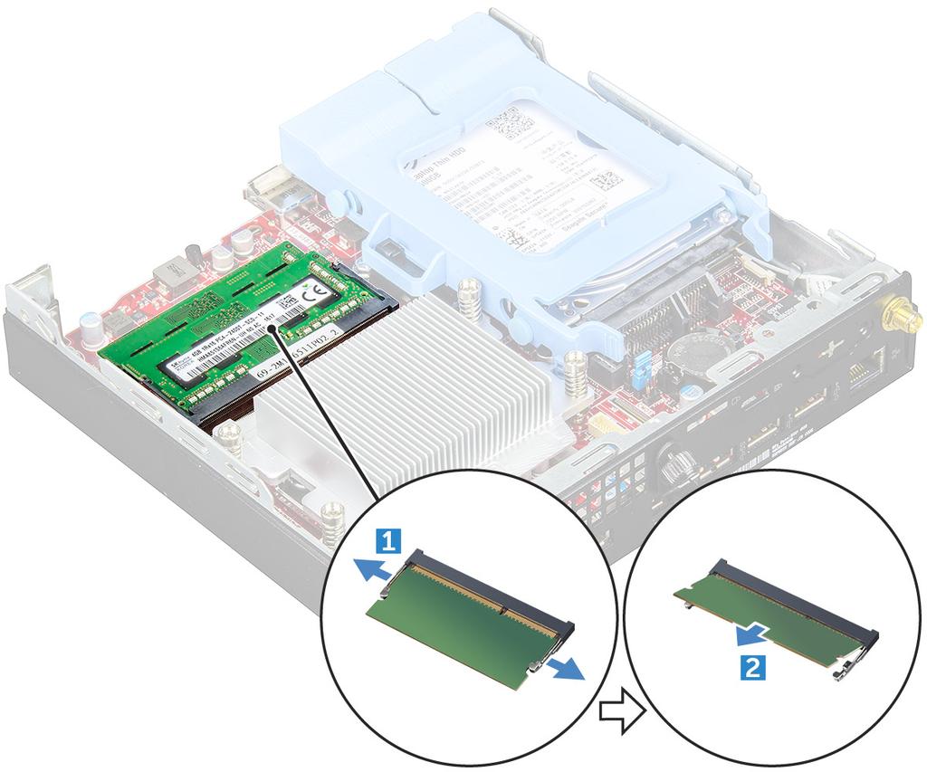 b Sett minnemodulen inn i kontakten på hovedkortet [2]. Installere minnemodulen 1 Juster hakket på minnemodulen etter tappen på minnemodulkontakten.