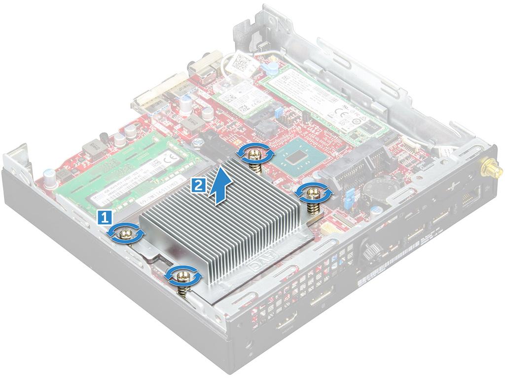 a Løsne M3-skruene som fester varmeavlederen til datamaskinen [1]. b Løft prosessorens varmeavleder vekk fra datamaskinen [2]. Sette inn varmeavlederen 1 Plasser varmelederen på prosessoren.
