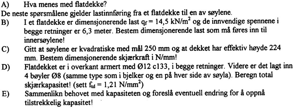 HiO/IU/Bygglinja Eksamen i Dimensjonering Il, februar-04 Del: Betong- og murkonstruksjoner Oppgave 1 A) Hva menes med flatdekke?