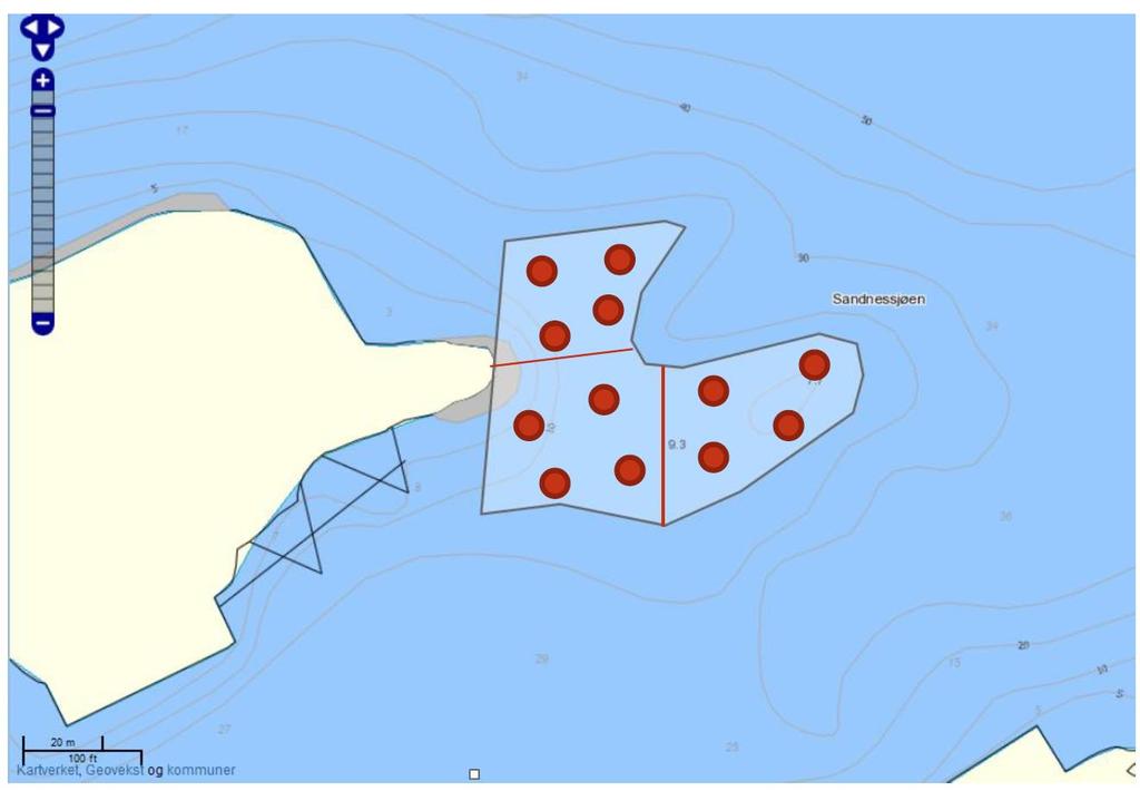 3 av 8 ST.3 St.1 St.2 Figur 3. Prøveområdet ved innseilingen til Sandnessjøen havn er skravert lyseblått. Arealet utgjør ca. 5000 m2.