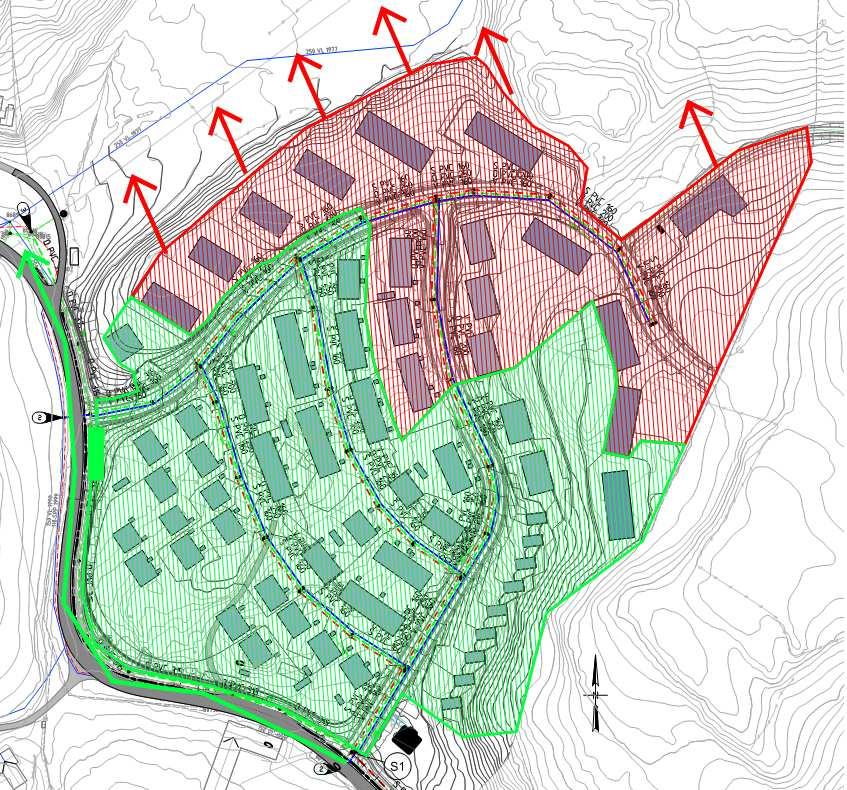 4/5 TEKNISK PLAN ØVRE SOLBERG. VANN- OG AVLØPLØSNINGER infiltrere overflatevann via en kjerne av regnvannskassetter i oppfyllingsmassene i randsonen mot myrområdet.