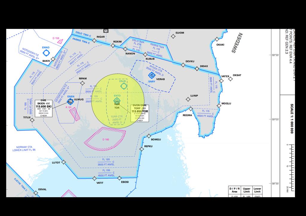 Farris TMA den gule sirkel markerer 11 NM fra flyplassen, utenfor dette betaler flyene