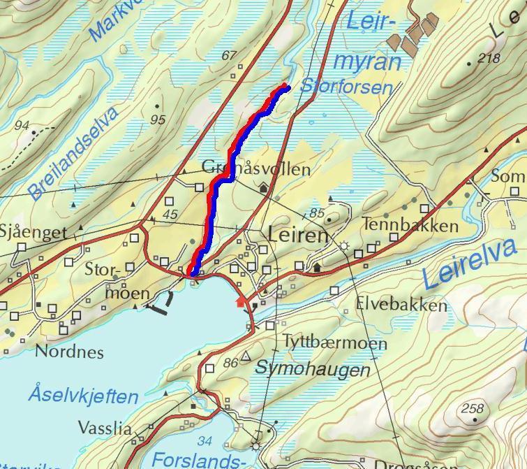 Lakseførende strekning (rødt) og