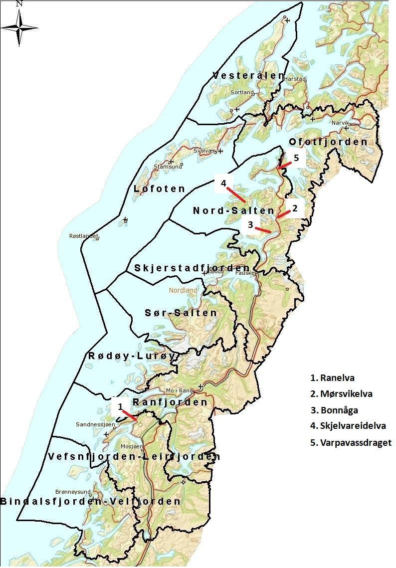 Figur 1. Kart som inneholder blant annet de 3 elvene der drivtelling ble utført av Prosjekt Utmark. Tabell 1. Oversikt over elver svømt av Prosjekt Utmark i 2014.