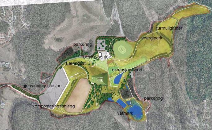 Figur 6: Forslag til Grønmo Kretsløpspark. Ny bruk av et deponi kan kreve en omregulering av arealet i henhold til plan- og bygningsloven som håndteres av kommunen.