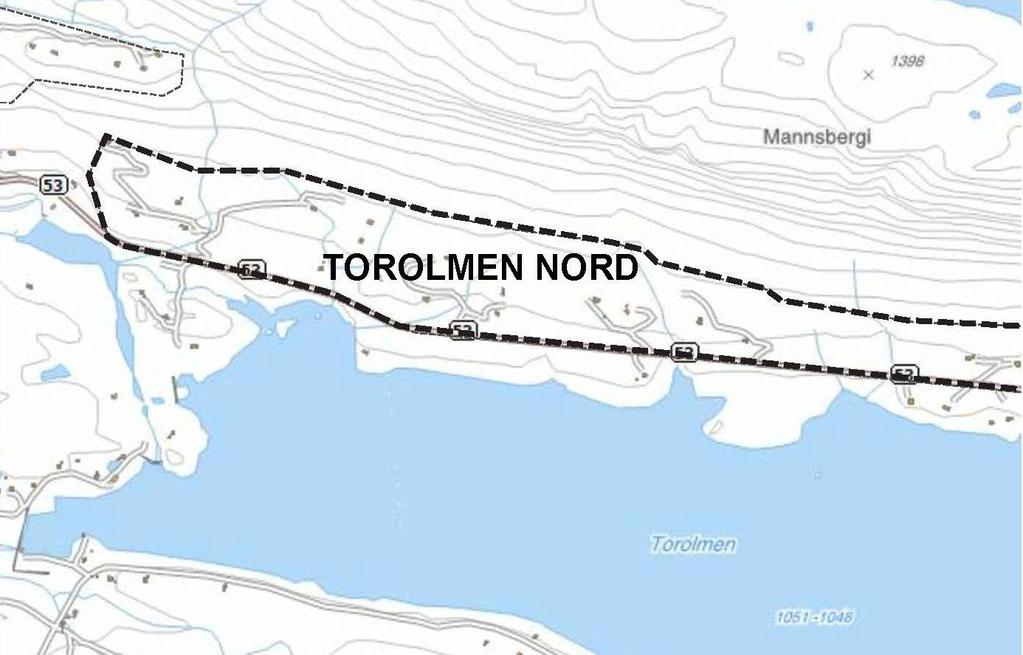 Figur 1.2: Kart som syner avgrensing av planområdet Torolmen nord (Planid. 1424-2013002) Planområdet er lokalisert mellom kote 1000 og 1150.