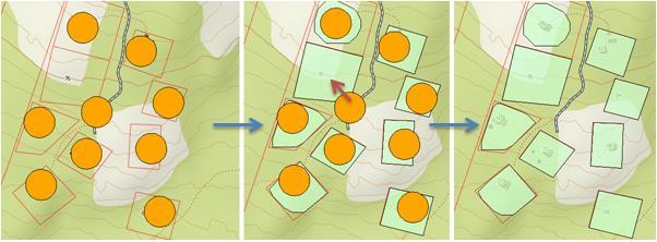 dette er vist i gammel og ny plan. Her er noen sirkler bebygd og noen er ikke bebygd. Utsnittet til venstre er gjeldende plan, mens utsnittet til høyre er forslaget til ny plan.